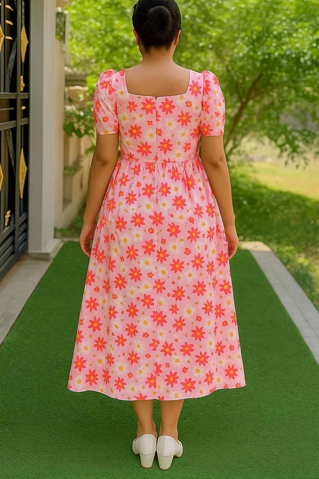 Women’s Floral Maxi Dress – Pink | Puff Sleeve Cotton Dress