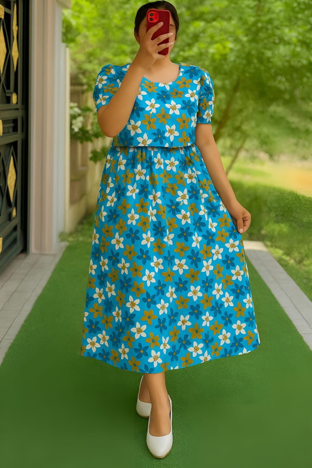 Blue & Mustard Floral Cotton Feeding Kurti | Stylish Maternity & Nursing Dress