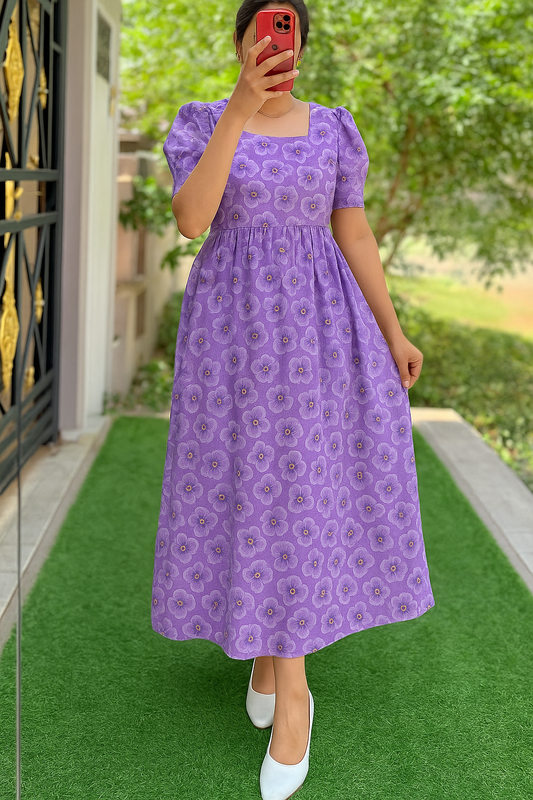 Women’s Cotton Non Feeding Maxi – Lavender Floral | Puff Sleeve Ankle-Length Kurti