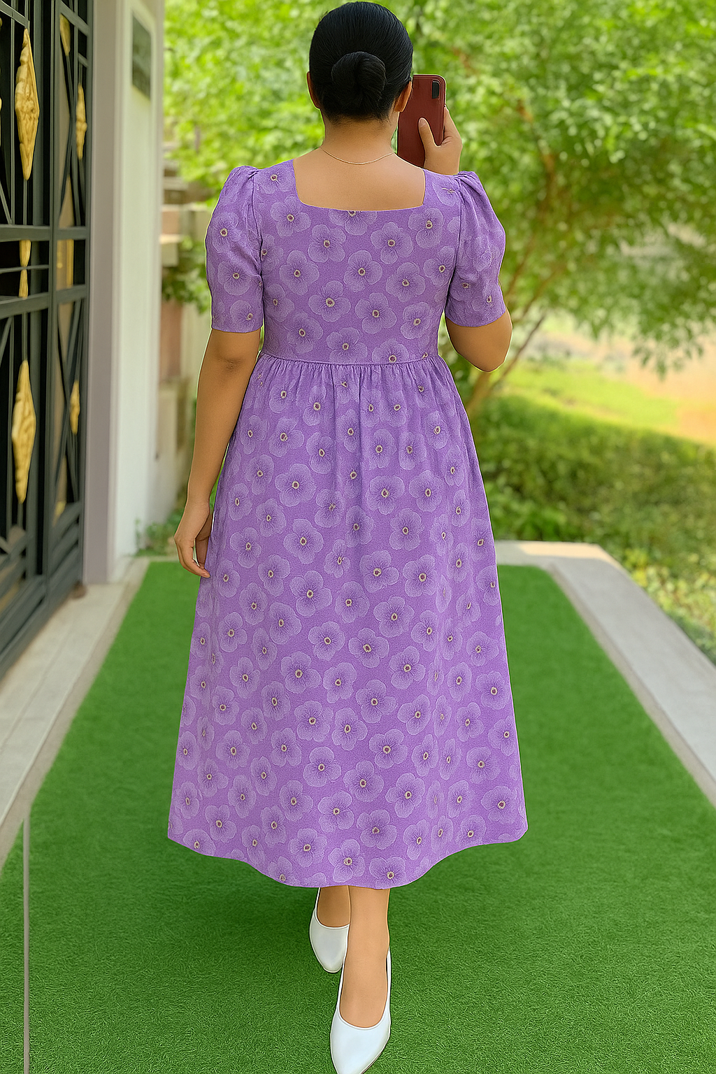 Women’s Cotton Non Feeding Maxi – Lavender Floral | Puff Sleeve Ankle-Length Kurti
