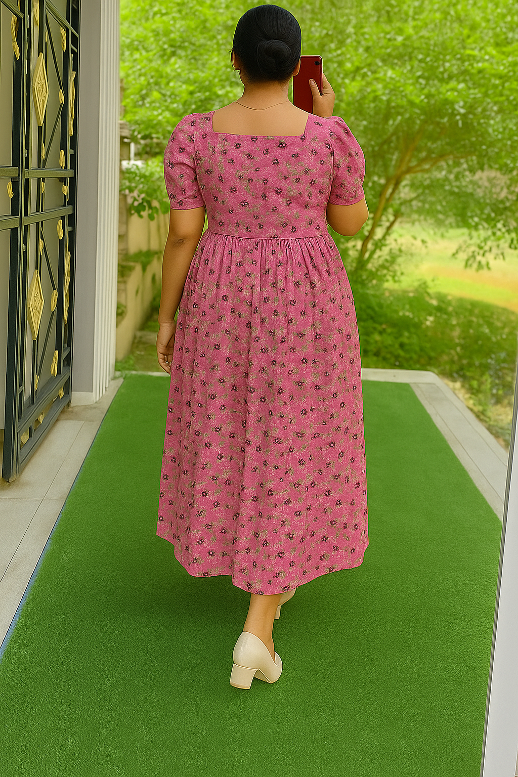 Women’s Cotton Non Feeding Maxi – Old Pink Floral | Puff Sleeve Ankle-Length Kurti