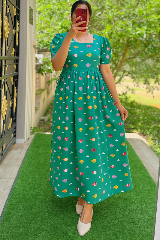 Women’s Printed Maxi Dress – Olive Green | Puff Sleeve Cotton Dress