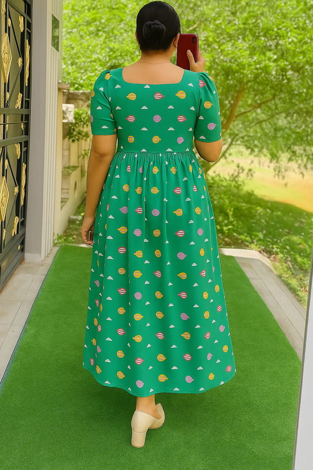 Women’s Printed Maxi Dress – Olive Green | Puff Sleeve Cotton Dress