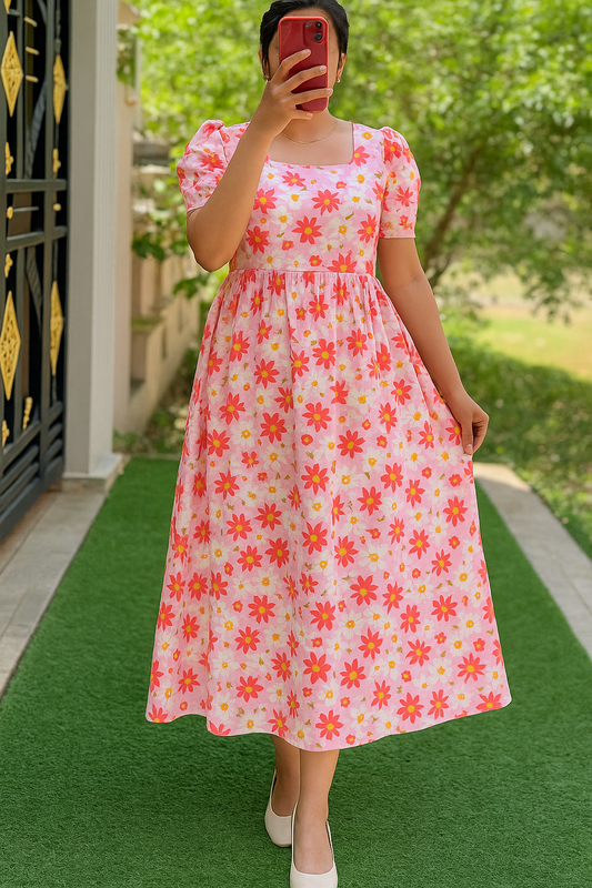 Women’s Floral Maxi Dress – Pink | Puff Sleeve Cotton Dress