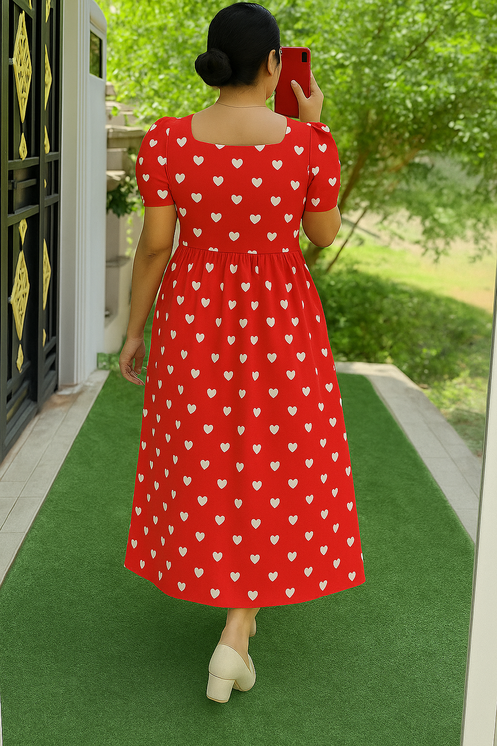 Women’s Cotton Non Feeding Maxi – Red Heart Print | Puff Sleeve Ankle-Length Kurti