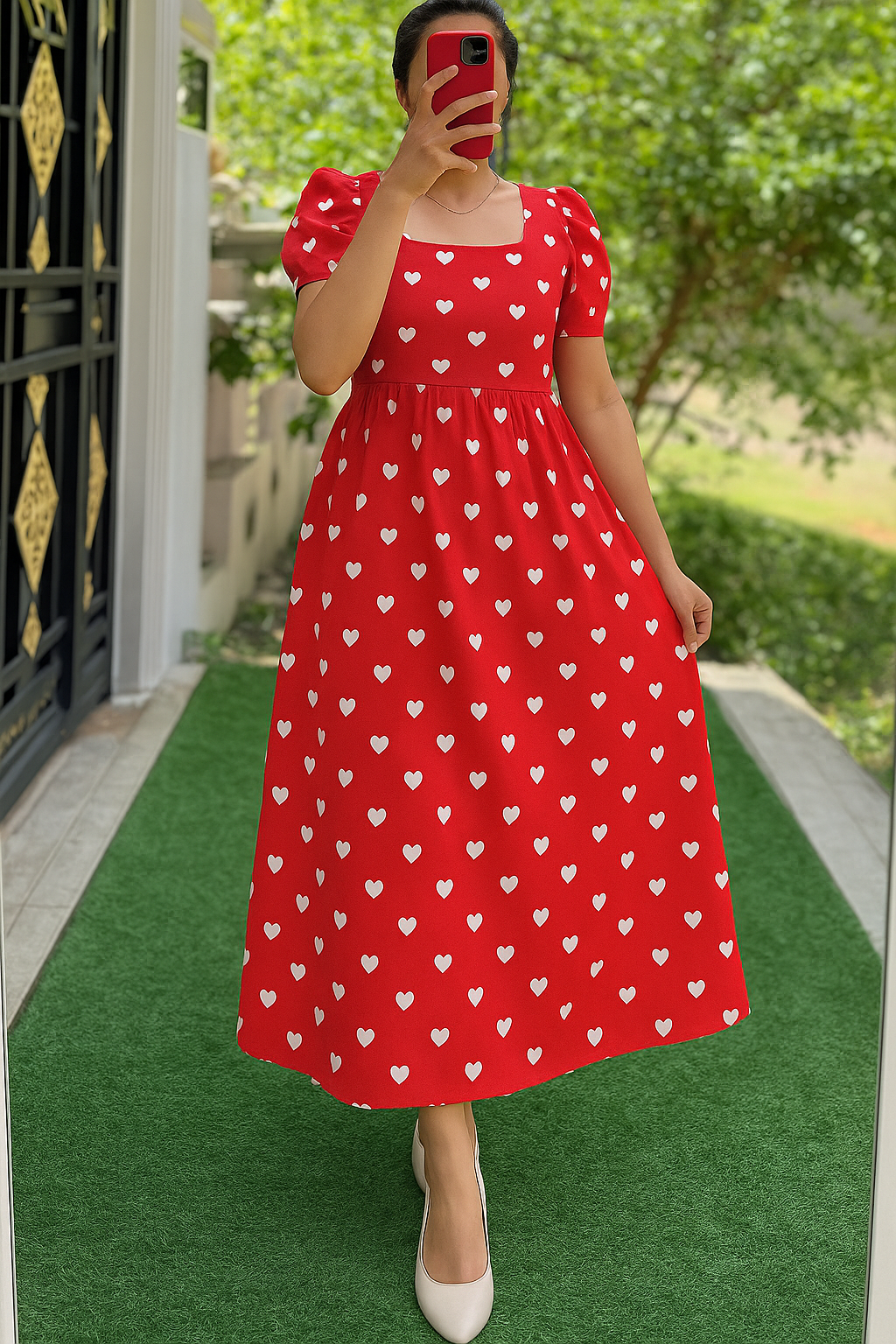 Women’s Cotton Non Feeding Maxi – Red Heart Print | Puff Sleeve Ankle-Length Kurti