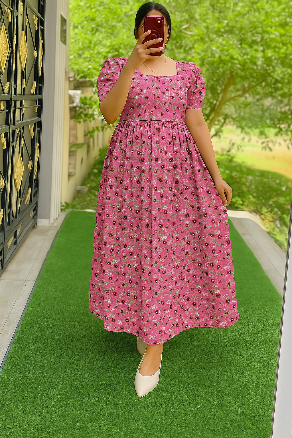 Women’s Cotton Non Feeding Maxi – Old Pink Floral | Puff Sleeve Ankle-Length Kurti