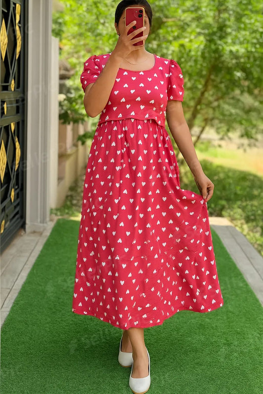 Red Heart Print Cotton Feeding Maxi | Cute Maternity & Nursing Dress