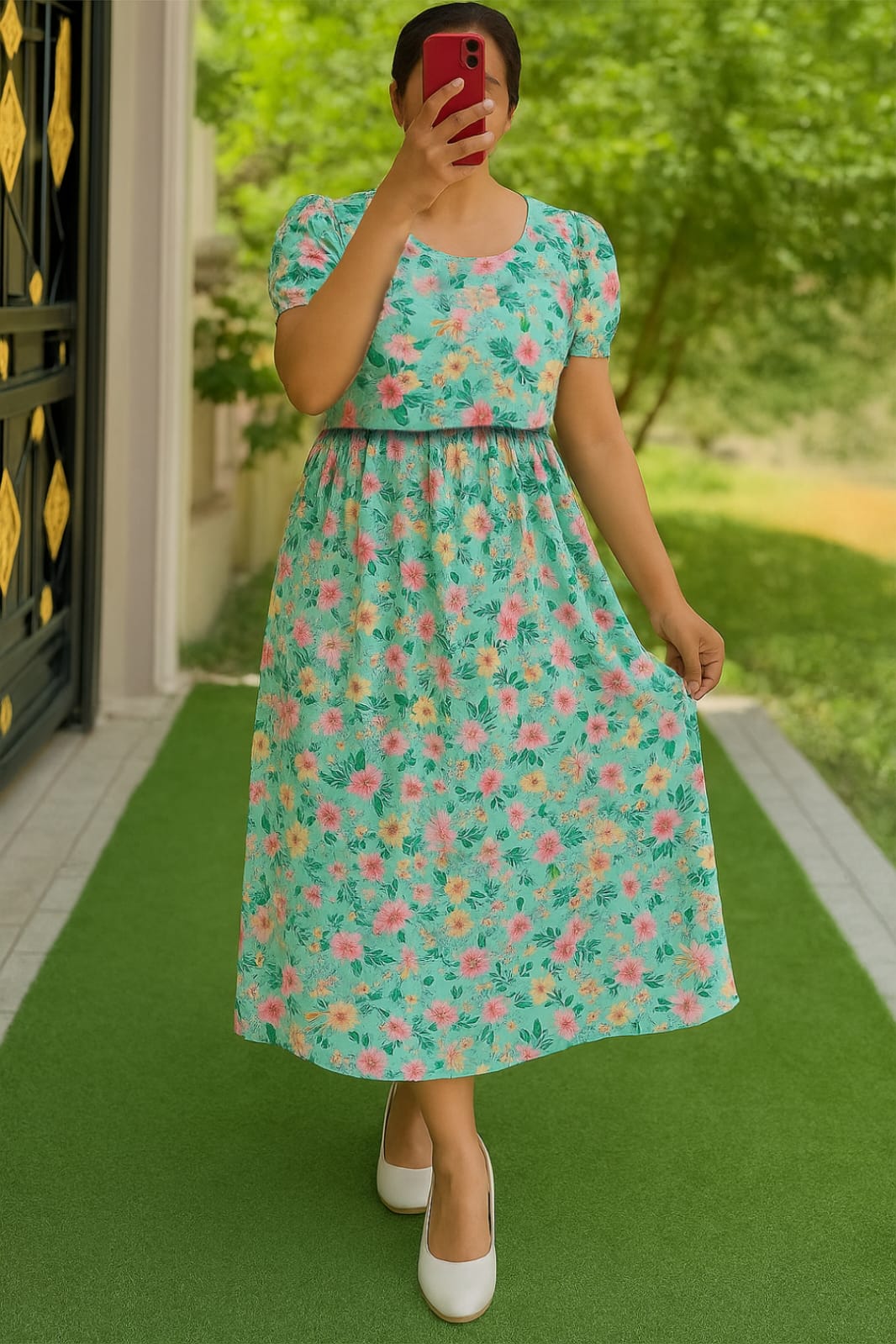 Mint Green Floral Cotton Feeding Kurti | Elegant Maternity & Nursing Dress