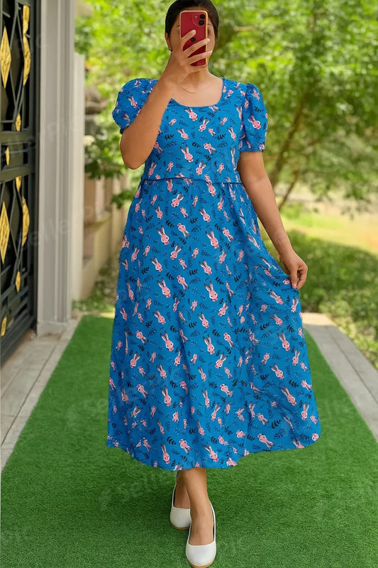 Blue Floral Cotton Feeding Maxi | Stylish Maternity & Nursing Dress